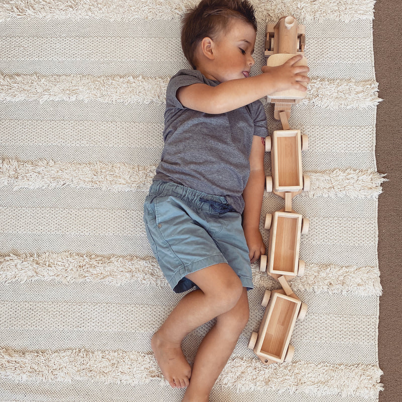 Boy Playing With Large Wooden Train Set