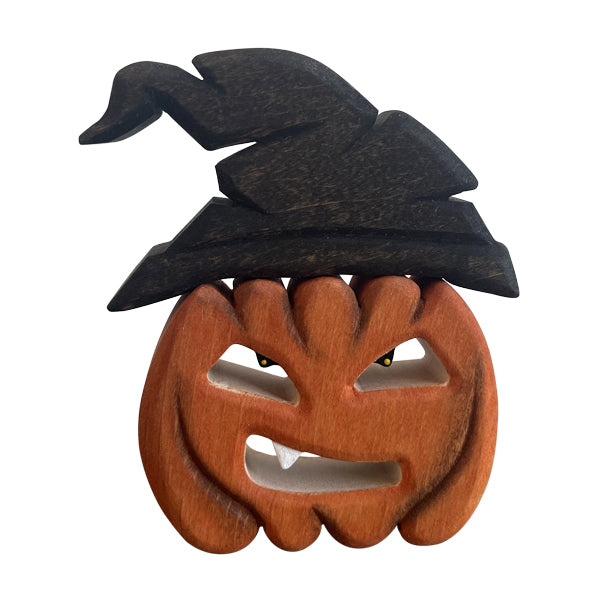 Wooden Pumpkin With Witch Hat