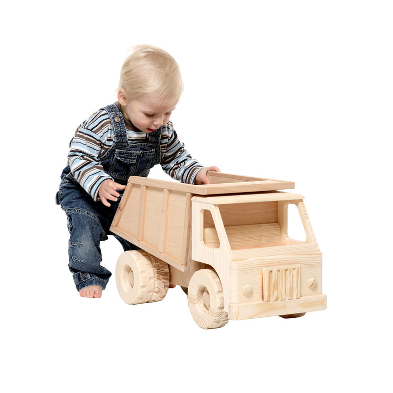 Toddler Playing With Large Wooden Toy Dump Truck