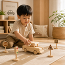 Child playing with wooden toy car and traffic signs on a rug in a room with plants and shelves.