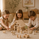 Three children playing with wooden toys in a cozy room.
