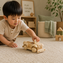 Child playing with a wooden toy car in a cozy room.
