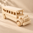 Bartu Bennett wooden school bus in a front three-quarter view on a warm neutral surface.