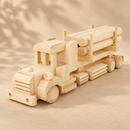 Bartu Dallas natural wooden logging truck and loaded trailer, viewed from the opposite front angle on a warm beige textured background.