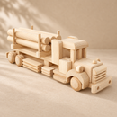 Bartu Dallas natural wooden logging truck and trailer loaded with wooden logs on a warm beige textured background.