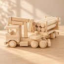 Opposite-side view of the Bartu Montana wooden logging truck, six logs and folded crane.