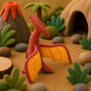 Felt toy dinosaur in a felt landscape with volcano, cave, and plants