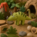 Toy triceratops in a dinosaur-themed playset with a volcano, palm trees, and cave.