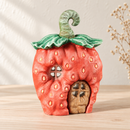 Noelino Wooden Strawberry Fairy House, front view with its wooden door fitted.