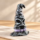 Noelino Wooden Witch Hat Fairy House, opposite three-quarter side view showing the painted face and lavender band.
