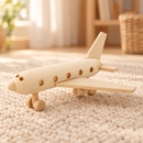 Bartu Sully natural wooden toy passenger plane viewed from the opposite front angle on a warm woven rug.