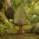 Wooden tree figurine with green leaves and brown trunk on a natural background