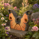 Butterfly-shaped wooden toy house in a garden with flowers