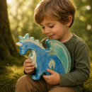 Child holding a blue wooden dragon toy in a forest setting