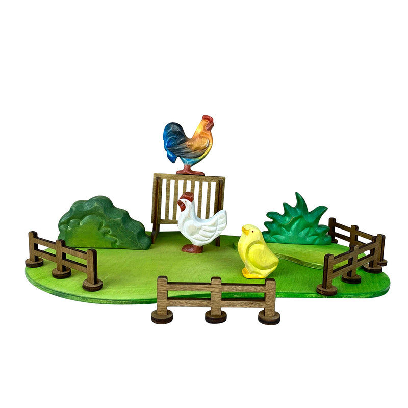 Wooden Rooster, Hen & Chick Set