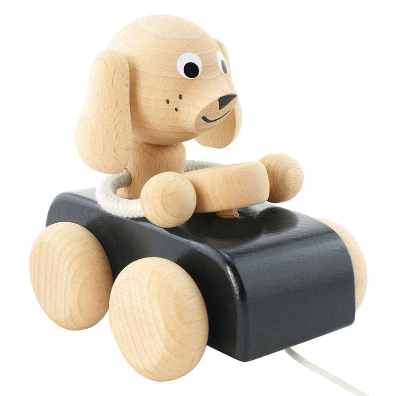 Wooden Pull Along Dog In Car - Jude