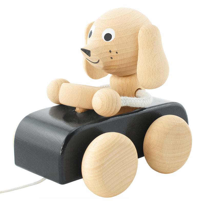 Wooden Pull Along Dog In Car - Jude