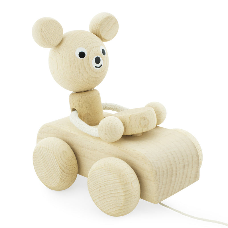 Wooden Pull Along Teddy Bear in Car Toy