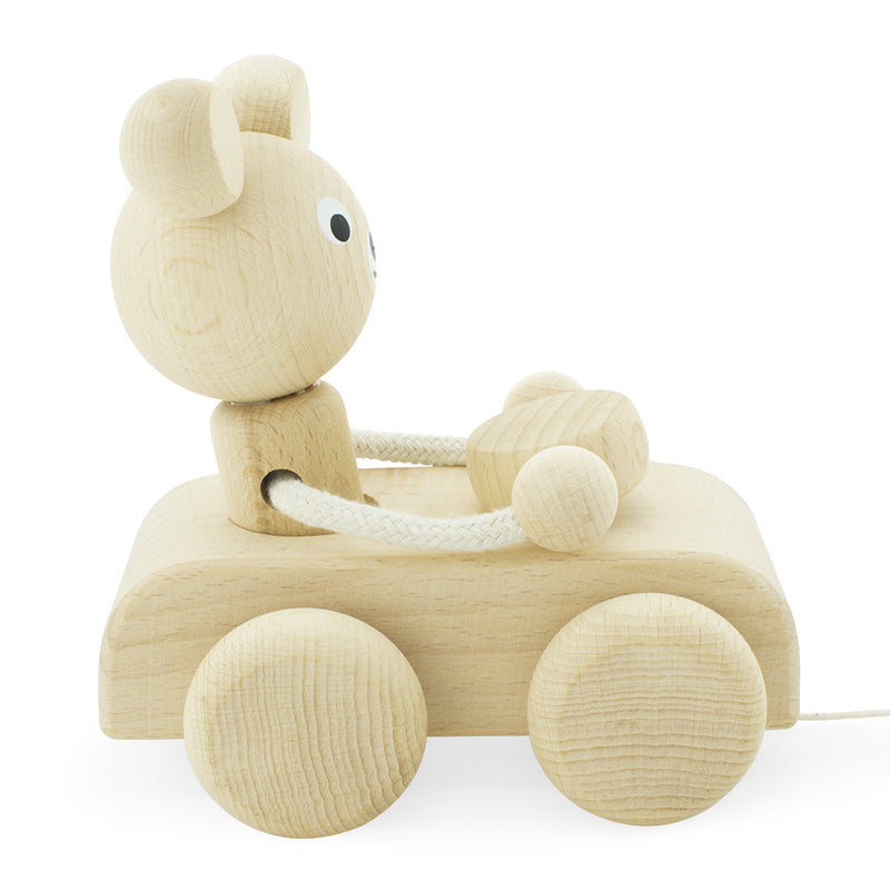 Wooden Pull Along Teddy Bear in Car Toy