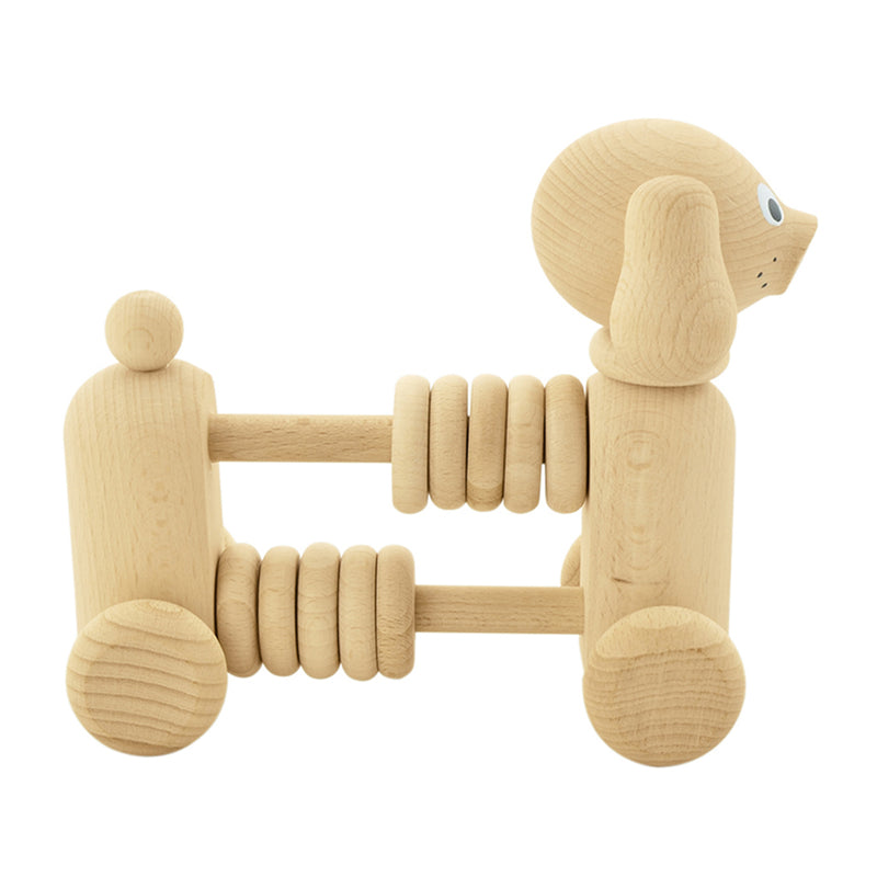 wooden push along toy dog with counting beads