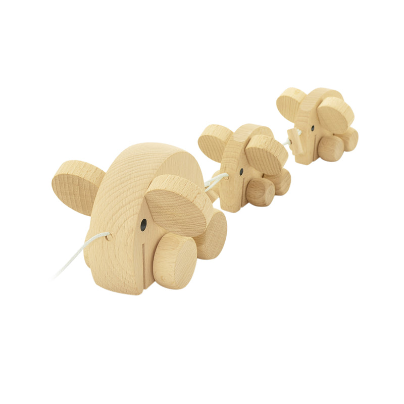 wooden pull along toy elephant family