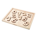 A wooden puzzle consisting of numbers from 0 to 9 each adorned with a different character illustration, presented on a wooden board.