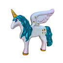 A handcrafted wooden unicorn figure with a blue mane, gold horn, and stars on its body.