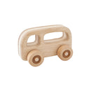 A simple wooden toy bus with a curved roof and round wheels, crafted from natural oak and linden wood.