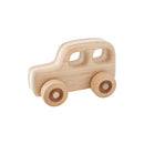 A simple wooden toy car with a beige finish and rounded edges, made from birch and oak wood.