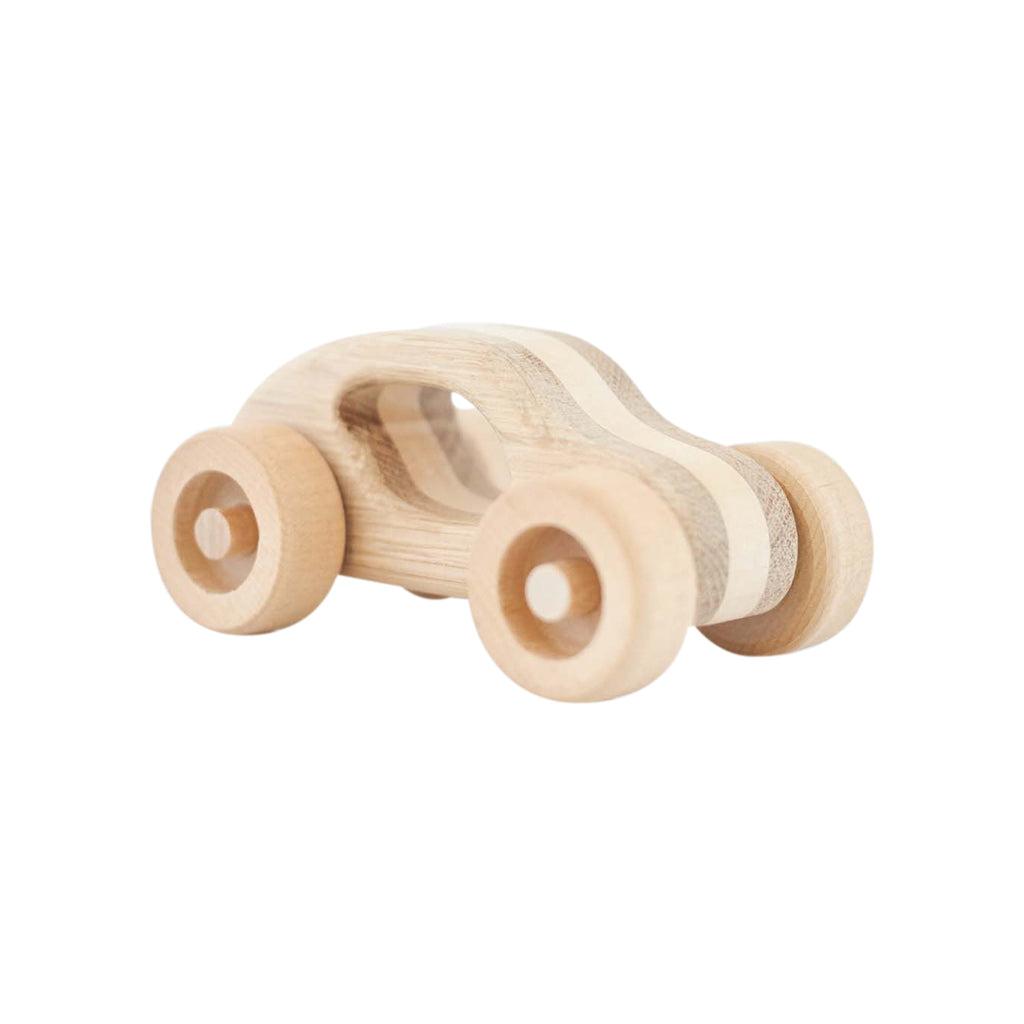 A simple, classic wooden toy car made from birch and oak wood, featuring a natural wood finish with visible grain patterns. The car has four wheels and a streamlined shape suitable for young children.