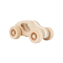 A simple, classic wooden toy car made from birch and oak wood, featuring a natural wood finish with visible grain patterns. The car has four wheels and a streamlined shape suitable for young children.