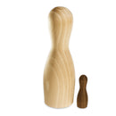 A large wooden figure with a smooth finish, paired with a smaller wooden figure, both with a natural wood finish.