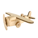 A wooden toy plane made of birch and oak wood, with a natural wood finish, showing the plane from a side angle with its propeller and wheels visible.