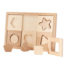 A wooden shape sorting puzzle with geometric shapes and corresponding shape frames, displayed on a white background.