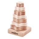 A wooden stacking pyramid with seven pieces, the brand Kubi Dubi visible on the base, presented against a white background.