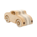A wooden toy car with beige and white stripes, crafted from sustainable birch and linden wood, with smooth edges and soft finish.